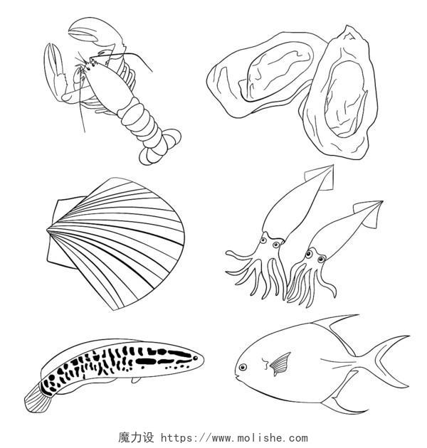 海鲜简笔画线稿小龙虾扇贝螃蟹河蚌海鲜大餐海底生物元素